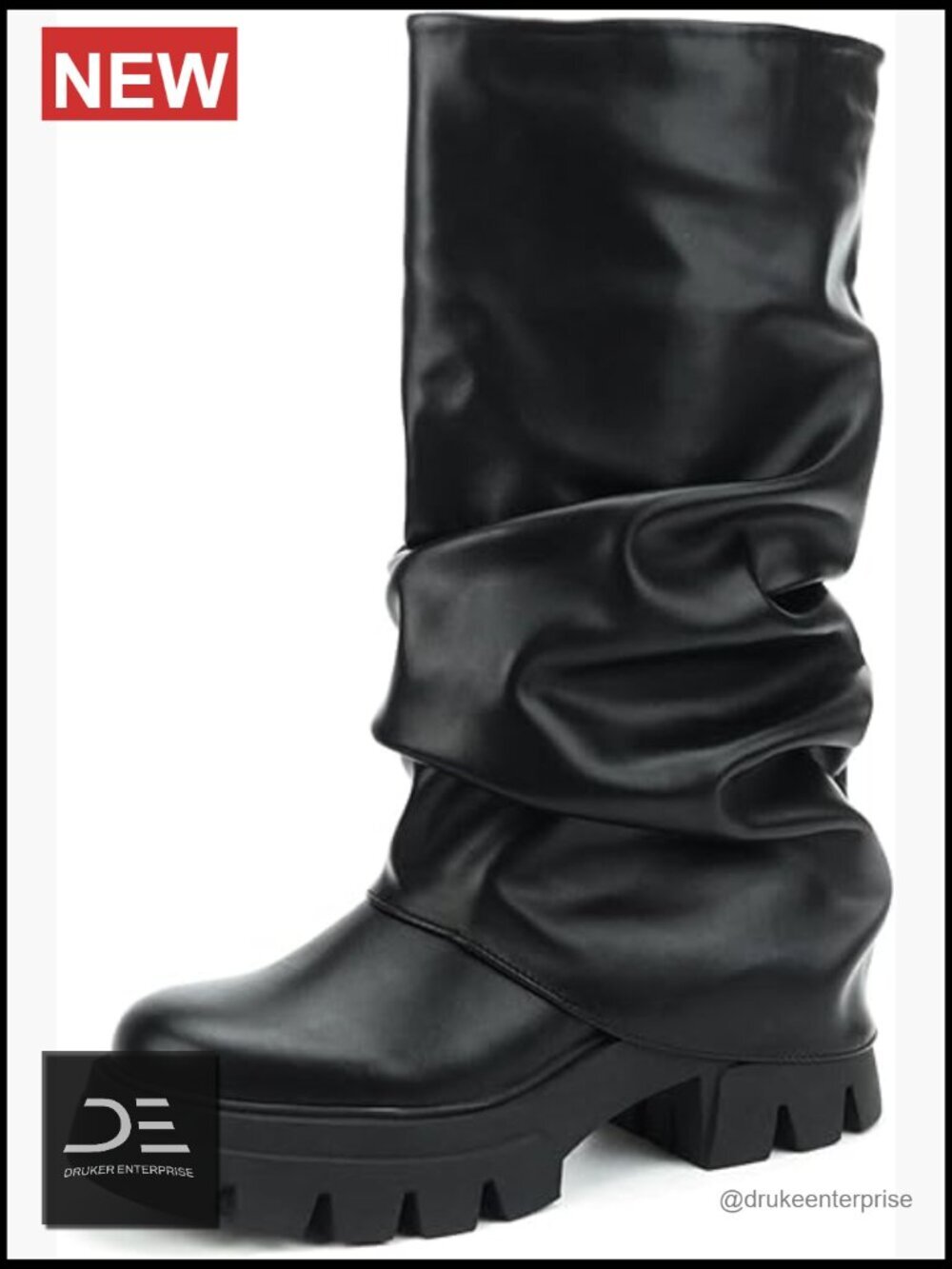 Faux Leather Slouchy Fold Over Chunky Heel Mid Calf Boots